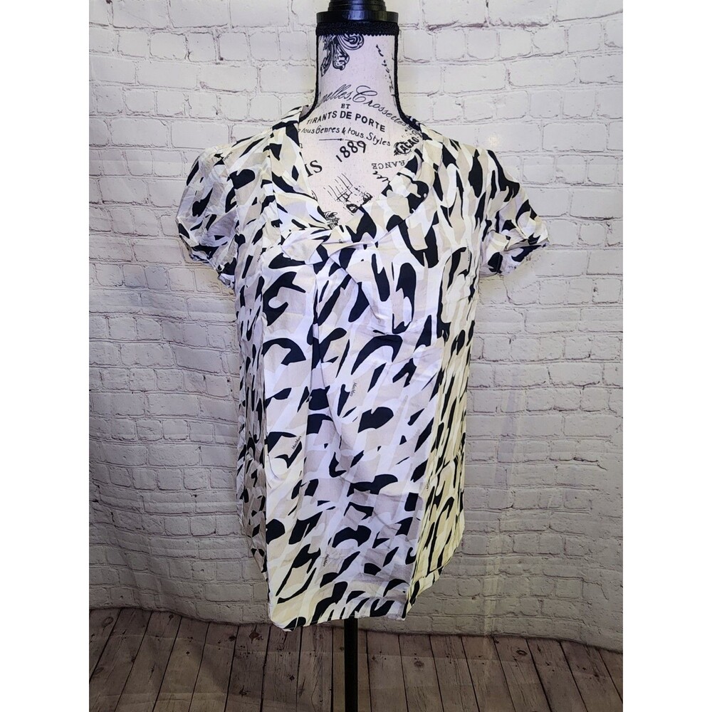 Max Mara Silk Blouse Womens 6 Navy Beige White Geometric Print Designer Luxury